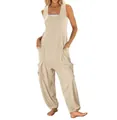 Casual sleeveless harem jumpsuit for women featuring large functional side pockets - S / Top And Bottom / Khaki