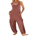 Detail view of women's loose sleeveless harem jumpsuit with large double side pockets - Red
