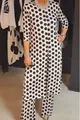 Full view of women's round neck long sleeve side slit polka dot tunic and pants set - S / Top And Bottom (YOU5148) / White