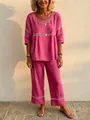 Women's casual deep pink two-piece set with white eyelet lace detail and loose fit - Pink