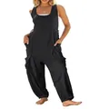 Detailed view of women's black loose harem jumpsuit with double layered side pockets - S / Top And Bottom / Black