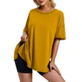 Detailed view of the side slit on a mustard yellow oversized cotton T-shirt for women - Yellow
