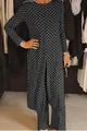 Women's two-piece casual set featuring a long-sleeve polka dot high-slit top and matching pants. - S / Top And Bottom (YOU5148) / Black