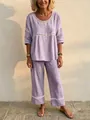 Elegant lavender two-piece women's lounge set featuring white hollow-out lace trim details - Lavender