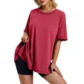 Close-up view of a red oversized cotton T-shirt featuring side slits and a comfortable crew neck - Red