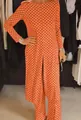 Visual detail of the orange polka dot leisure outfit showing the high slit and drape - S / Top And Bottom (YOU5148) / Orange
