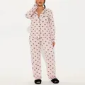 Two-piece pink long-sleeve pajama set featuring cute black bow prints for women - Pink Black Bow Print