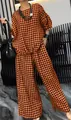 Vollansicht des orange-schwarzen Gingham-Zweiteilers für Damen mit weiter Hose und Top - S / Oberteil und Hose / Orange Schwarz Kariert