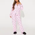Soft women's pink striped pajama set featuring lovely black heart print pattern - Pink White Stripe Heart
