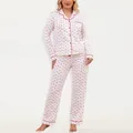 Two-piece women's pajama set featuring red heart print on white long-sleeved lapel top and pants. - White Red Heart Polka Dot
