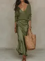 Ensemble 2 pièces chic avec pull en maille vert olive et robe nuisette en satin - S / Haut Et Bas / Vert foncé