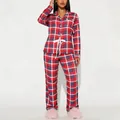Stylish women's red plaid pajama set featuring long sleeves lapel collar and cozy long pants - Red and Navy Plaid