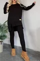 Women's minimalist black two-piece set featuring long sleeve slit top and leggings - S / Top And Bottom / Black