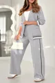Elegant grey two-piece suit set for women with stylish black and white ribbed trim detail - Gray