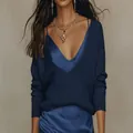 Ensemble deux pièces élégant pour femme avec pull en maille et robe satinée - S / Hauts / Bleu foncé