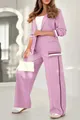 Detail shot of purple 2-piece suit with striped ribbed trim and wide-leg pants. - Pink