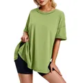 Women's loose-fit olive green cotton T-shirt featuring side slits and a classic round neck design - Green