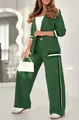 Elegant green two-piece women's suit with striped ribbed details and wide-leg trousers. - Army Green