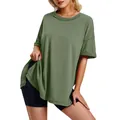 Oversized sage green women's cotton crew neck T-shirt featuring stylish side slits - Dark Green