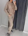 Fashionable beige women's tracksuit set featuring sparkling rhinestone details and side pockets - 2XL / Top And Bottom / Apricot
