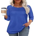 Λεπτομερής προβολή γυναικείου μπλε T-shirt με στρογγυλή λαιμόκοψη και κομψές ρίγες στο στήθος - S / Tops / Μπλε