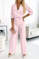 Elegantes zweiteiliges rosa Set mit V-Ausschnitt-Oberteil und weiter Hose für Damen. - S / Oberteil und Hose / Rosa