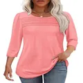 Λεπτομερής προβολή κοραλλί t-shirt με στρογγυλή λαιμόκοψη και πτυχωτές ρίγες στο στήθος - S / Tops / Ροδακινί