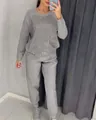 Stylish women's gray two-piece tracksuit set with sparkling rhinestone front panel - S / Top And Bottom / Silver Gray