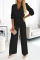 Elegant black two-piece set featuring a V-neck top and wide-leg trousers for women. - Black