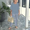 Casual two-piece set with a light blue round neck top and striped trousers for women. - XS / Top And Bottom / Light Blue Striped Print (03)