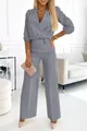 Elegantes graues einfarbiges 2-teiliges Set mit V-Ausschnitt und weiter Hose für Damen - S / Oberteil und Hose / Grau