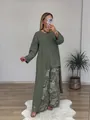 Full view of women's olive green linen asymmetric top and floral wide-leg pants set - S / Top And Bottom / Green