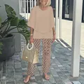 Women's chic beige layered top and geometric print trousers two-piece outfit - XS / Top And Bottom / 杏色几何印花(07)