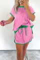 Conjunto casual de dos piezas para mujer en rosa y verde con camiseta y pantalones cortos. - S / Top Y Pantalón / Rosa