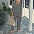 Sophisticated grey layered top and vertical striped pants set for elegant older women - XS / Top And Bottom / 深灰条纹印花(08)