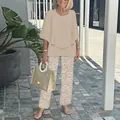 Detail view of women's casual beige top and floral pattern pants two-piece set - XS / Top And Bottom / Beige Embossed Floral (10)