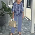 Floral print mid-sleeve round neck top with matching blue pants casual two-piece outfit - XS / Top And Bottom / Periwinkle Blue Floral Print (11)