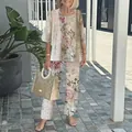 Close-up of elegant beige floral two-piece outfit with vintage rose print and matching pants. - XS / Top And Bottom / Pink Rose Floral (14)