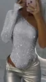 Sexy silver one-shoulder bodysuit with sparkling rhinestones for a glamorous look - XS / Tops / White