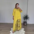 Women's casual yellow linen set with irregular tunic and floral wide-leg pants - S / Top And Bottom / Yellow
