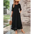 Elegant black round neck plus size maxi dress featuring mesh patchwork and side pockets - S / Tops / Black
