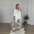 Bohemian women's white linen irregular hem top and floral print wide-leg trousers set - S / Top And Bottom / White