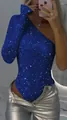 Sexy blue one-shoulder sequin bodysuit featuring sparkling rhinestone details - XS / Tops / Blue