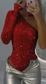 Elegant red one-shoulder long sleeve bodysuit with glittering sequins and rhinestones - Red