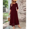 Elegant wine red maxi dress with mesh stitching and pockets - S / Tops / Burgundy