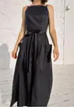 Elegant sleeveless black sun dress featuring a waist tie and functional side pockets - S / Tops / Black