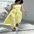 Elegant yellow sleeveless sun dress with belt and pockets for summer vacation fashion - S / Tops / Yellow