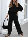 Ensemble deux pièces noir élégant en lin avec haut à manches longues et pantalon large - S / Haut Et Bas / Noir