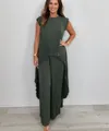 Elegante set due pezzi plissettato verde oliva con top a girocollo e pantaloni larghi - Taglia S / Top E Pantaloni / Verde