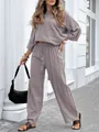 Ensemble décontracté deux pièces en lin et coton avec haut col rond et pantalon à cordon - S / Haut Et Bas / Gris